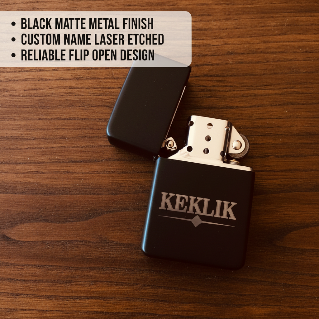 Black matte flip lighter with sample name "KEKLIK" laser-enched on front, shown open with chrome insert and striking mechanism visible