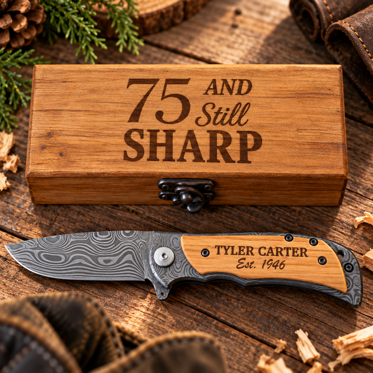 Wooden gift box engraved 75 AND Still SHARP above a damascus-style folding knife with sample name Tyler Carter Est. 1951, a 75th birthday gift for men