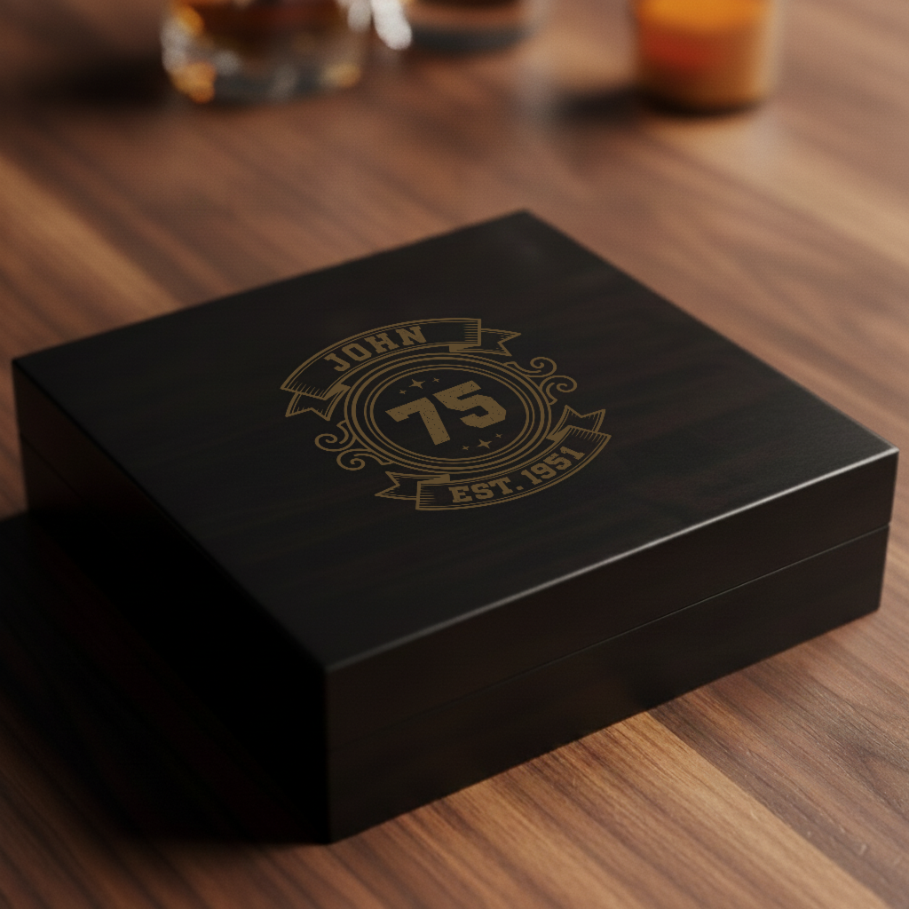 Personalized 75th birthday keepsake box in black wood engraved with a gold crest reading John, 75 and Est 1951, shown on a walnut table with whiskey glasses behind it
