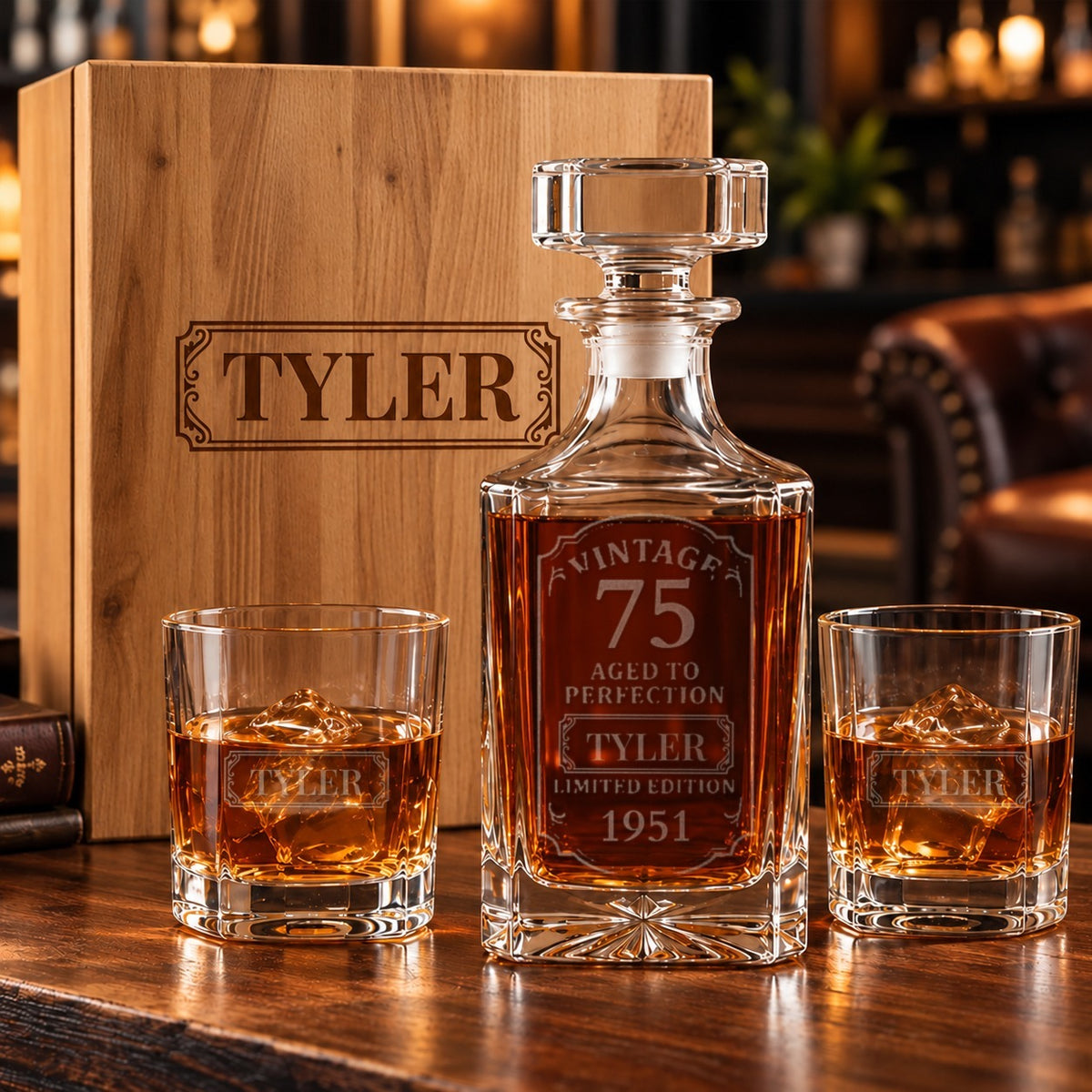 Whiskey decanter etched Vintage 75 Aged to Perfection with the sample name TYLER and 1951, two matching etched glasses and a pine gift box with the name on the lid