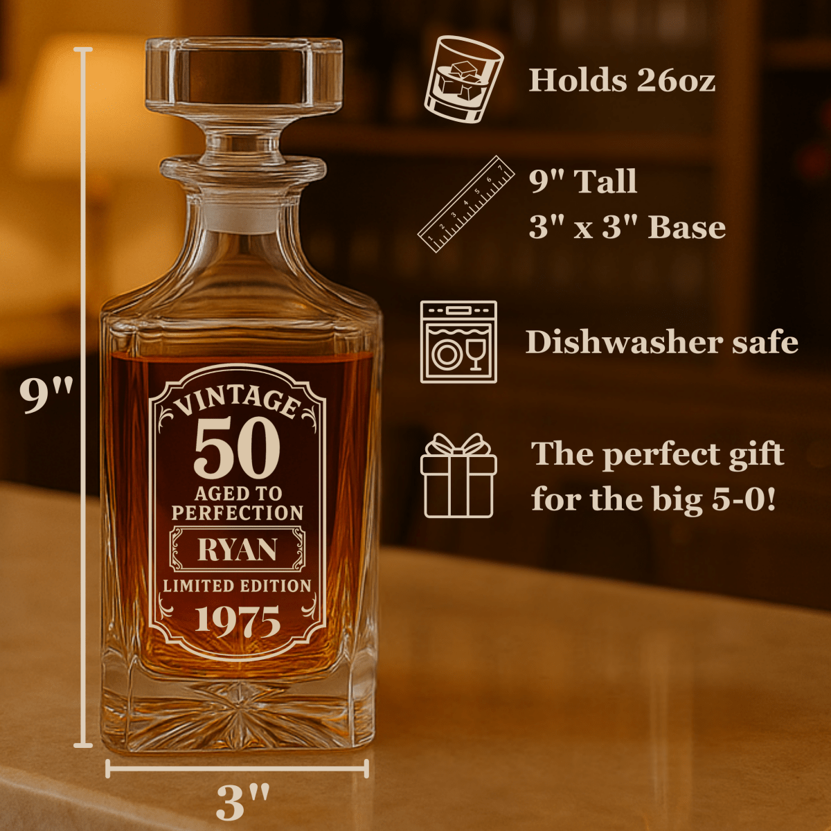 Unique Personalized 50th Birthday Decanter Customized Decanter Gifts for Men by Groovy Guy