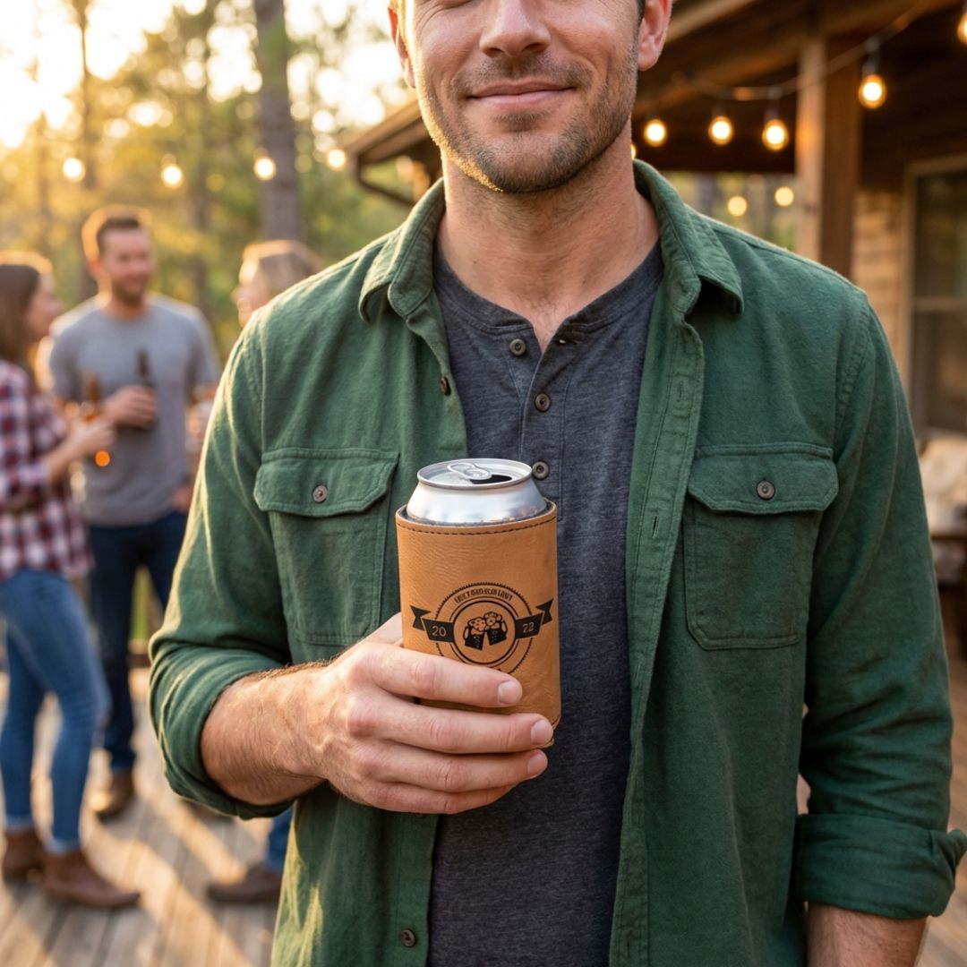 Tan faux leather koozie with black laser-engraved circular design held by man at outdoor gathering with friends in background