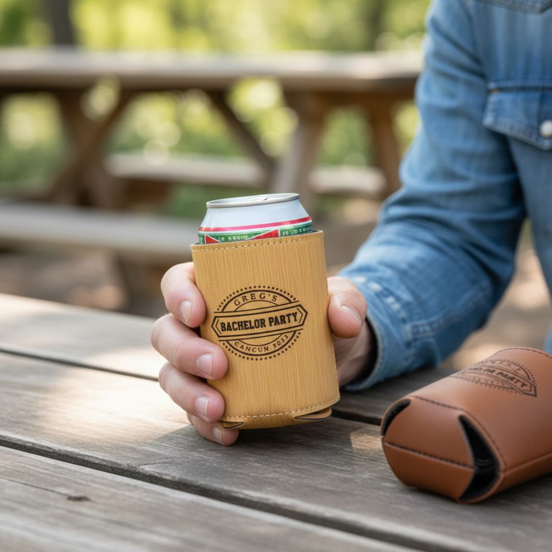 Tan faux leather koozie engraved with sample "Bachelor Party" stamp design, holding a beverage can, displayed in outdoor setting with additional matching koozies visible.