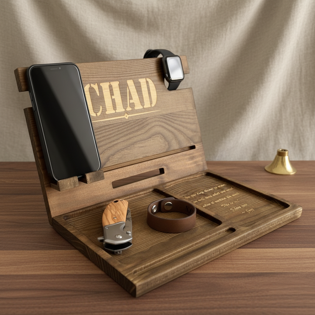 Wooden charging dock with sample engraving "CHAD" in gold lettering, holding smartphone, smartwatch, brown leather bracelet, and small folding knife on natural wood base