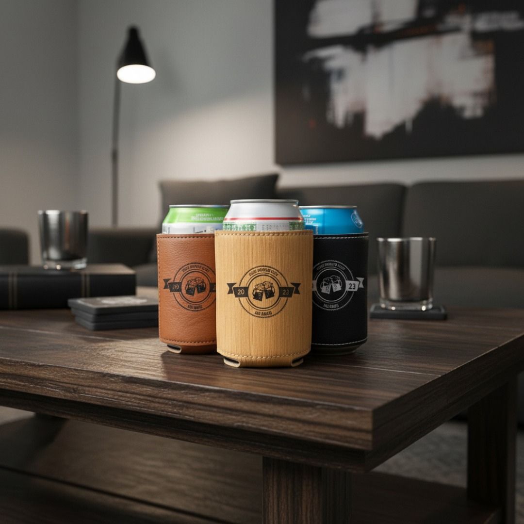 Three faux leather koozies with laser-engraved circular badge designs displayed on wooden table in lifestyle setting, showing brown, natural wood, and black color options