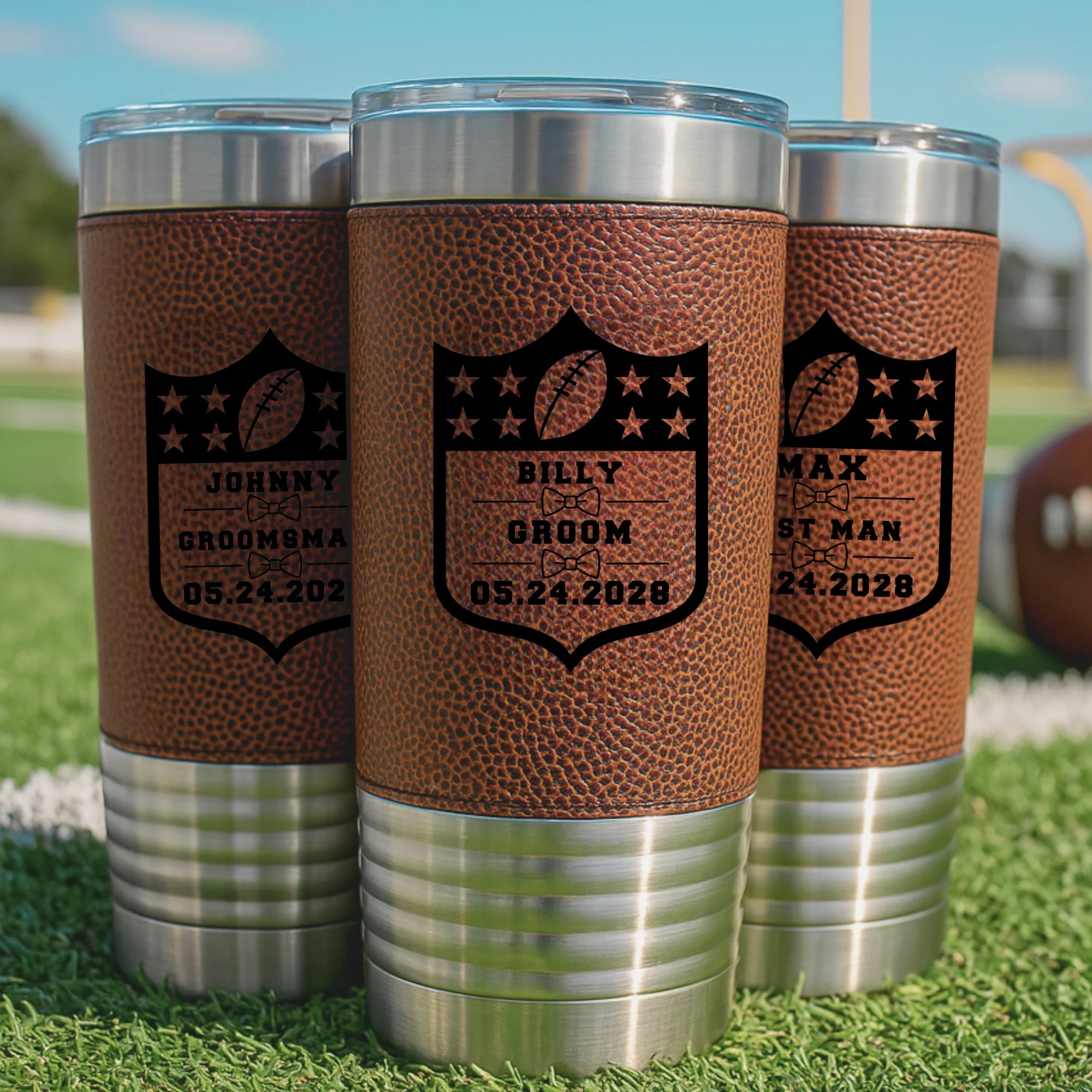 Football-themed stainless steel tumbler with personalized name, role, and wedding date engraving
