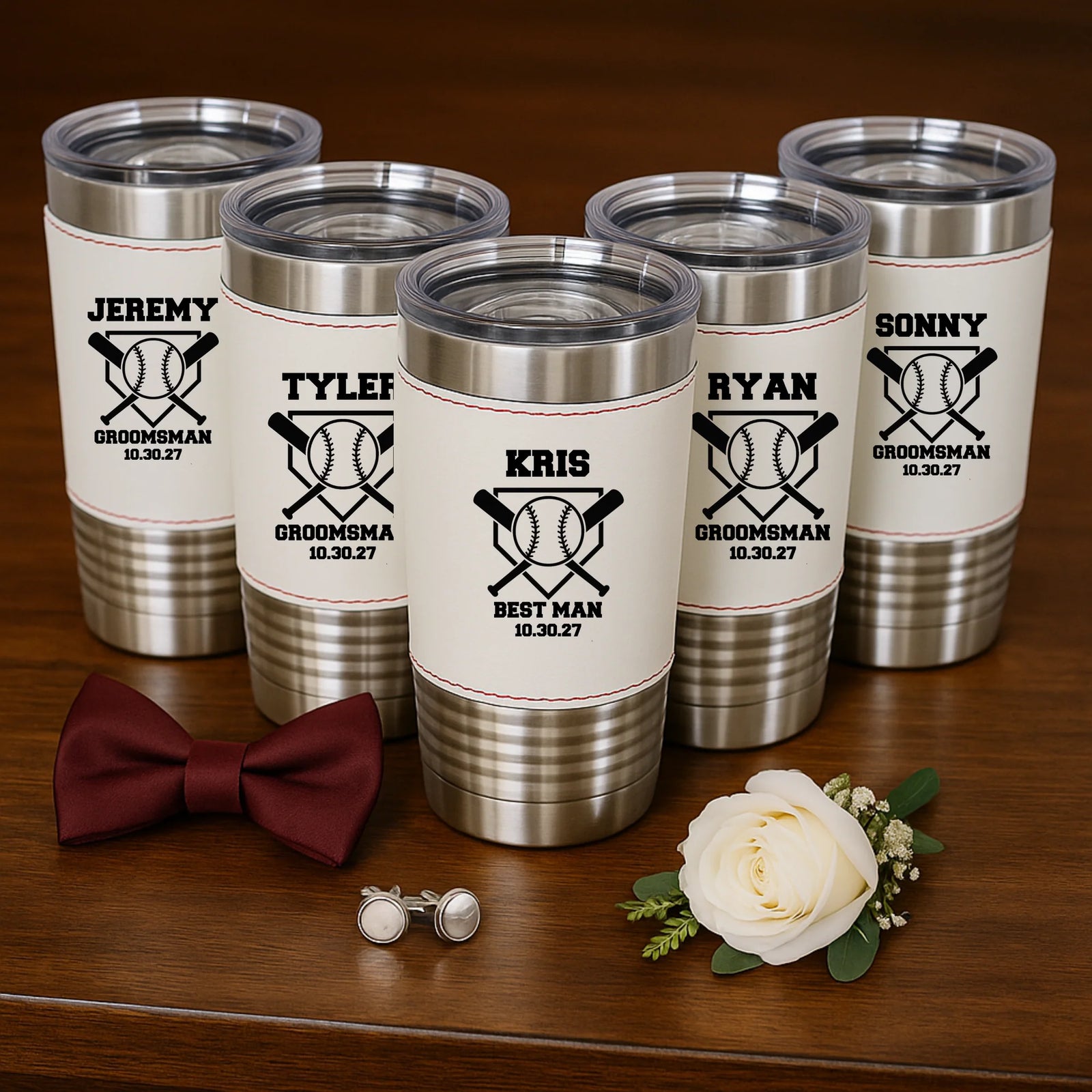 Baseball-themed personalized tumbler with leather stitching and custom engraving for groomsmen gift