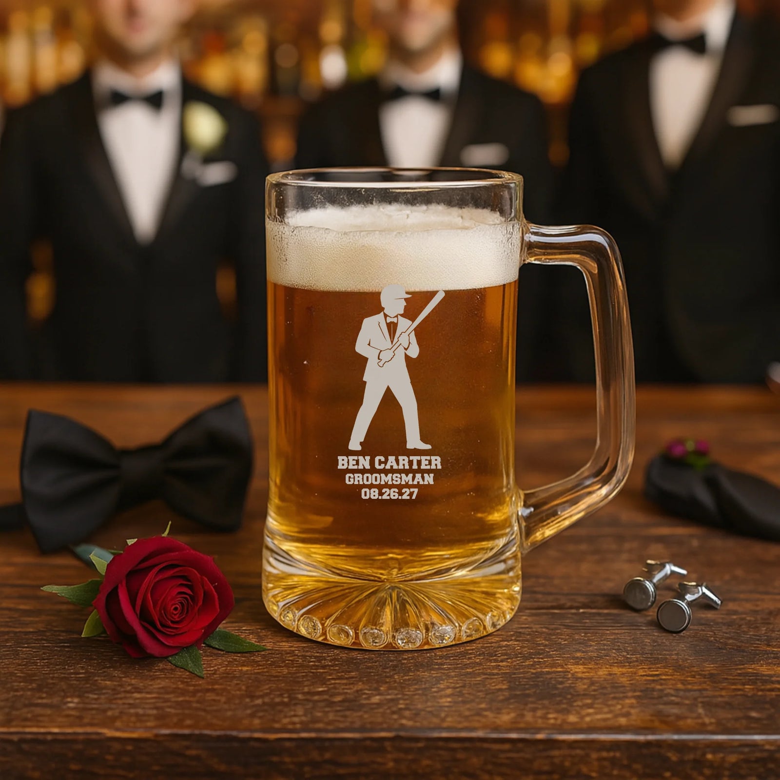 Custom Pinch Hitter Groomsmen Beer Mug with engraved name, role, wedding date, and baseball silhouette design