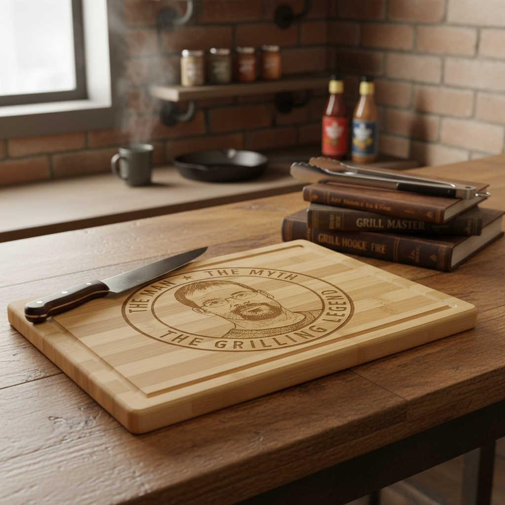 Bamboo cutting board with laser-engraved circular portrait design reading "The Myth The Legend The Grilling Legend" displayed on kitchen counter with knife and cookbooks nearby