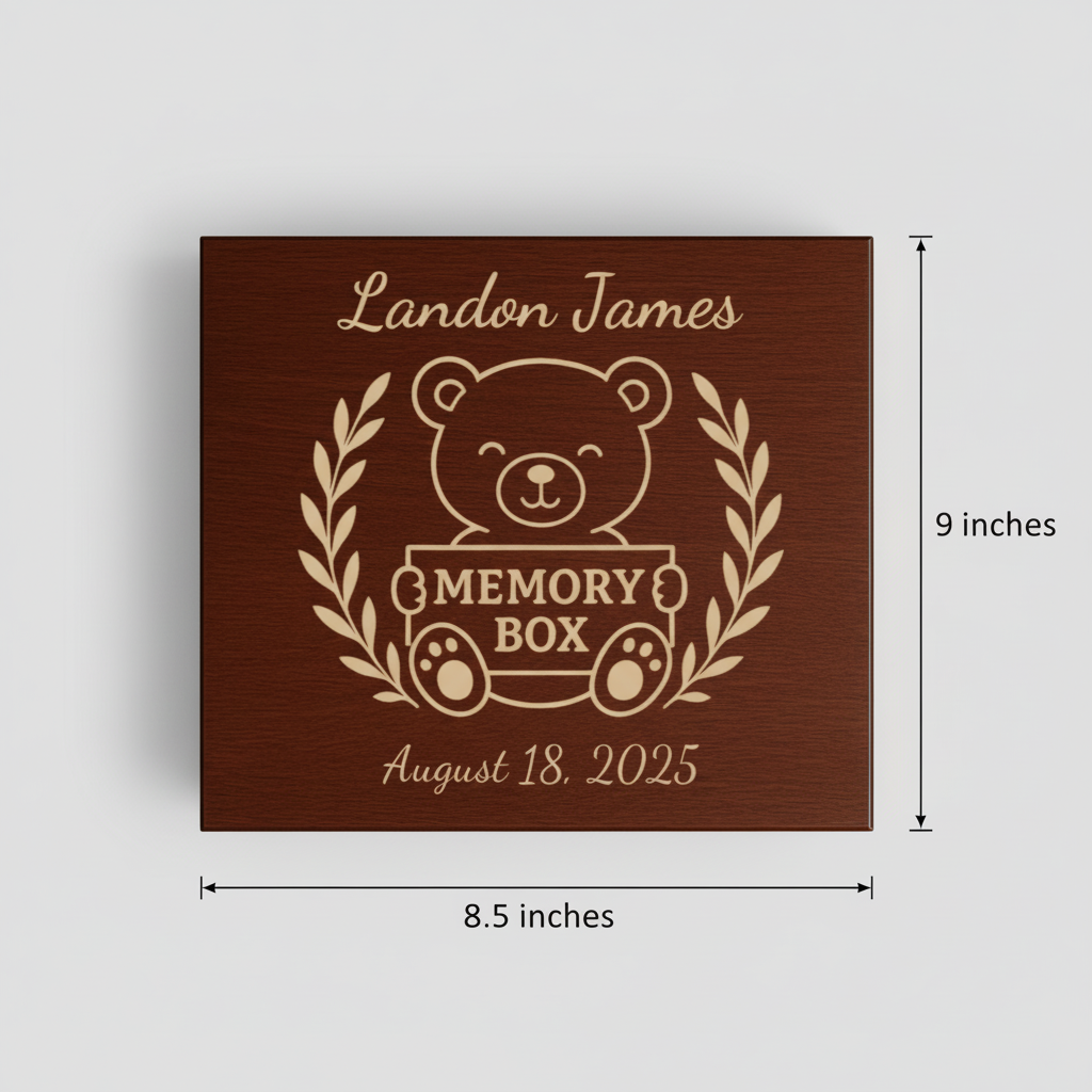 Dark wood memory box with laser-engraved teddy bear design, sample personalization reading "Landon James" and date "August 18, 2025", flanked by decorative laurel branches, 8.5 by 9 inches