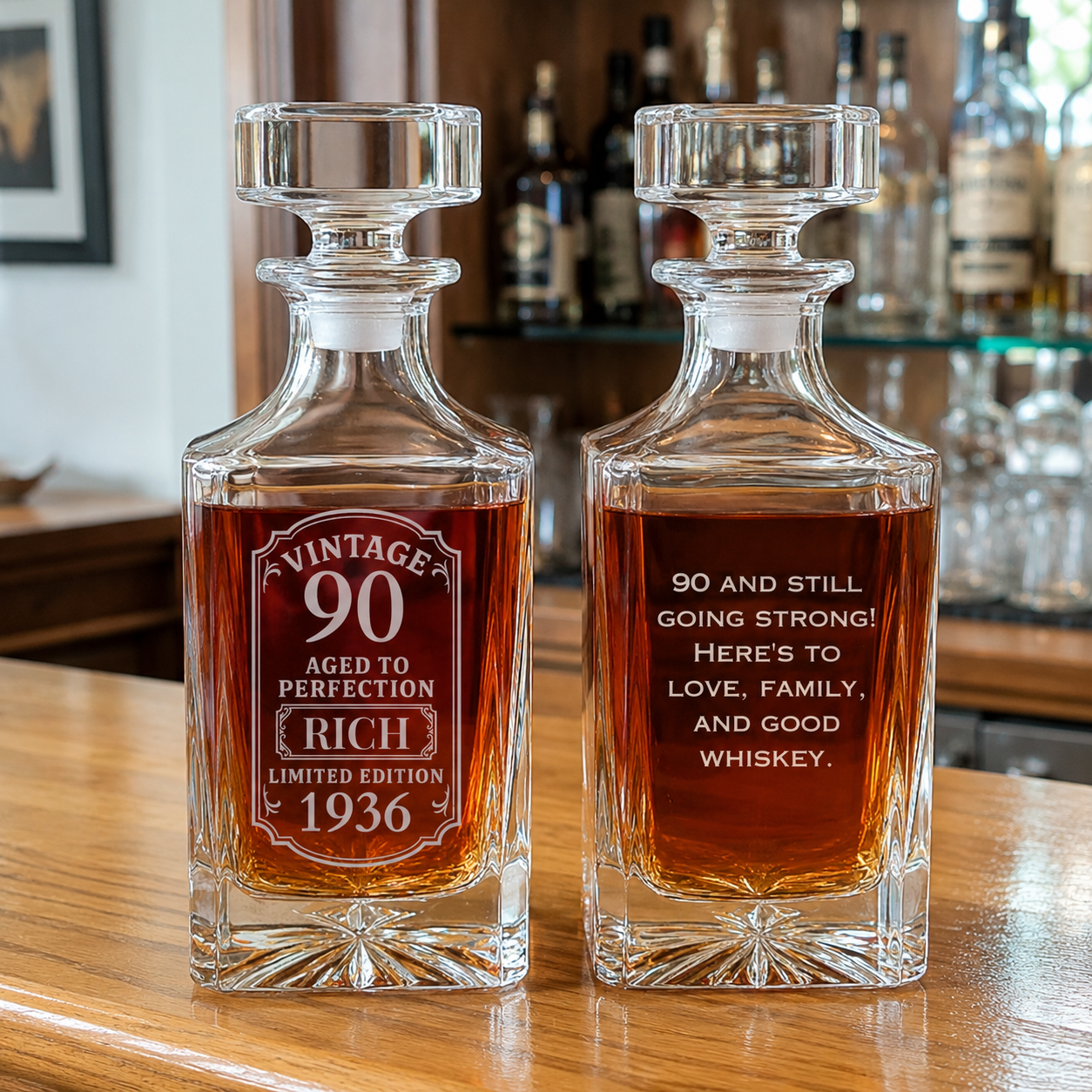 Pair of crystal decanters with engraved sample personalization including "Vintage 90 Aged to Perfection" and "90 and Still Going Strong" with custom name and date options