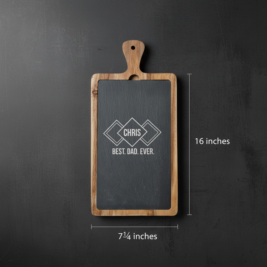 Slate and acacia wood cutting board with handle, laser-engraved with sample name "CHRIS" in geometric diamond design and "BEST. DAD. EVER." text, dimensions shown as 16 inches by 7¼ inches