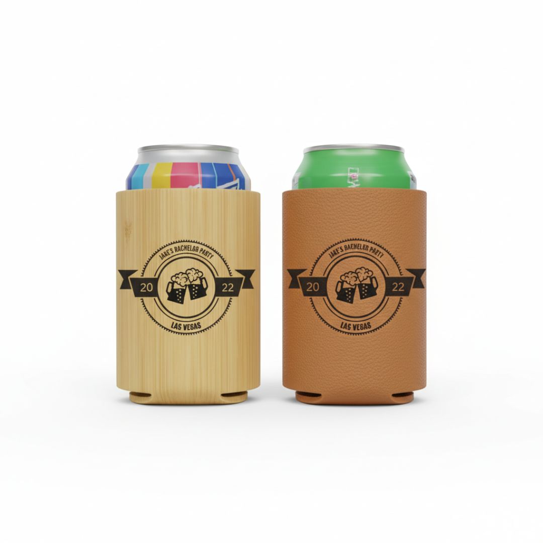 Two can koozies with sample bachelor party design engraved with "James's Bachelor Party," beer toasting graphic, "Las Vegas" location, and "2022" date; natural wood and tan faux leather versions shown.