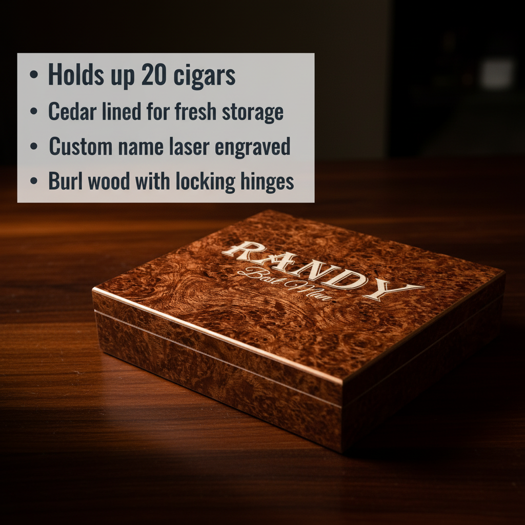 Burl wood cigar humidor with sample name "RANDY" laser-engraved on lid, shown closed on dark wood surface
