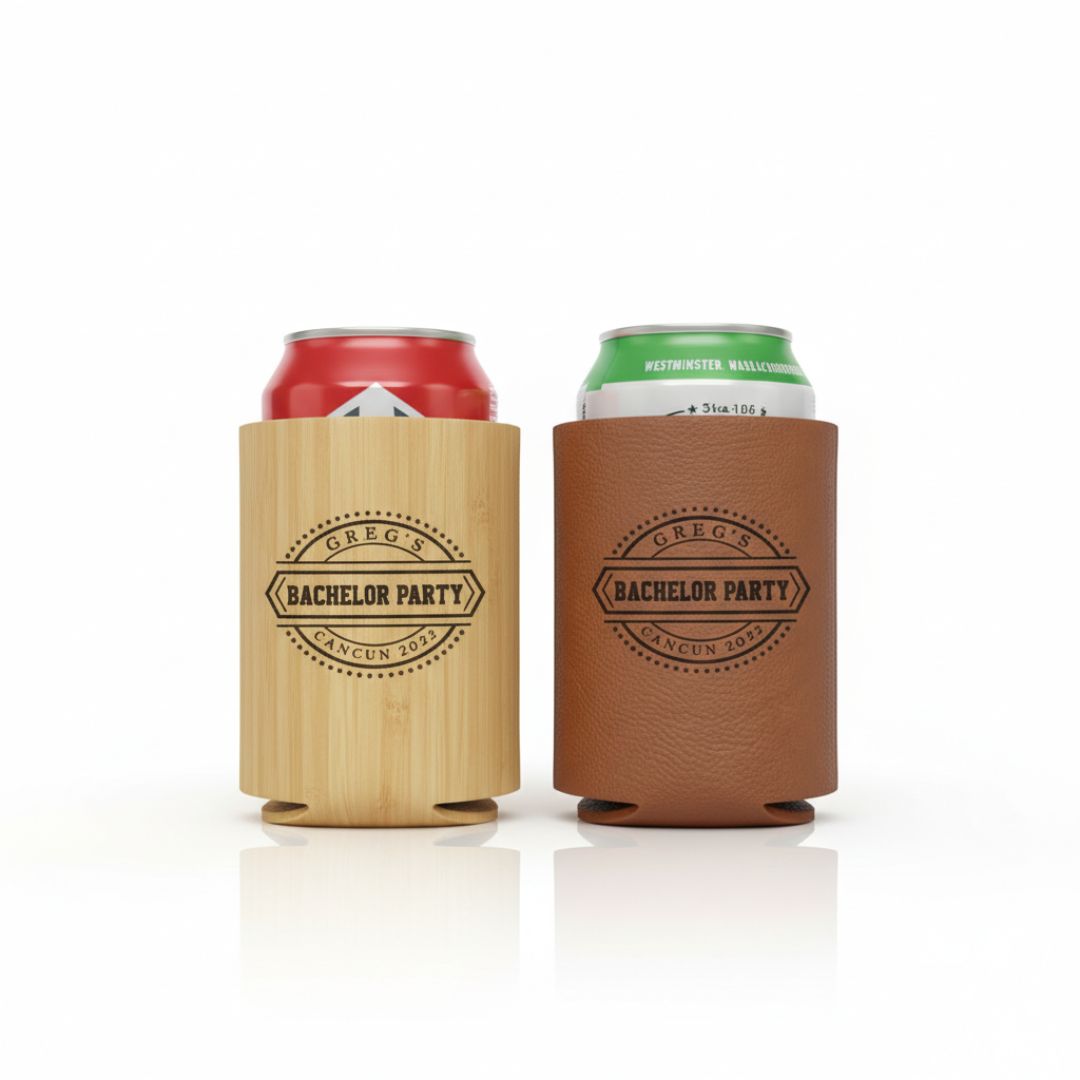 Two personalized koozies displayed side by side: natural wood and cognac faux leather, each laser-engraved with sample "GREG'S BACHELOR PARTY CANCUN 2023" design and decorative badge motif
