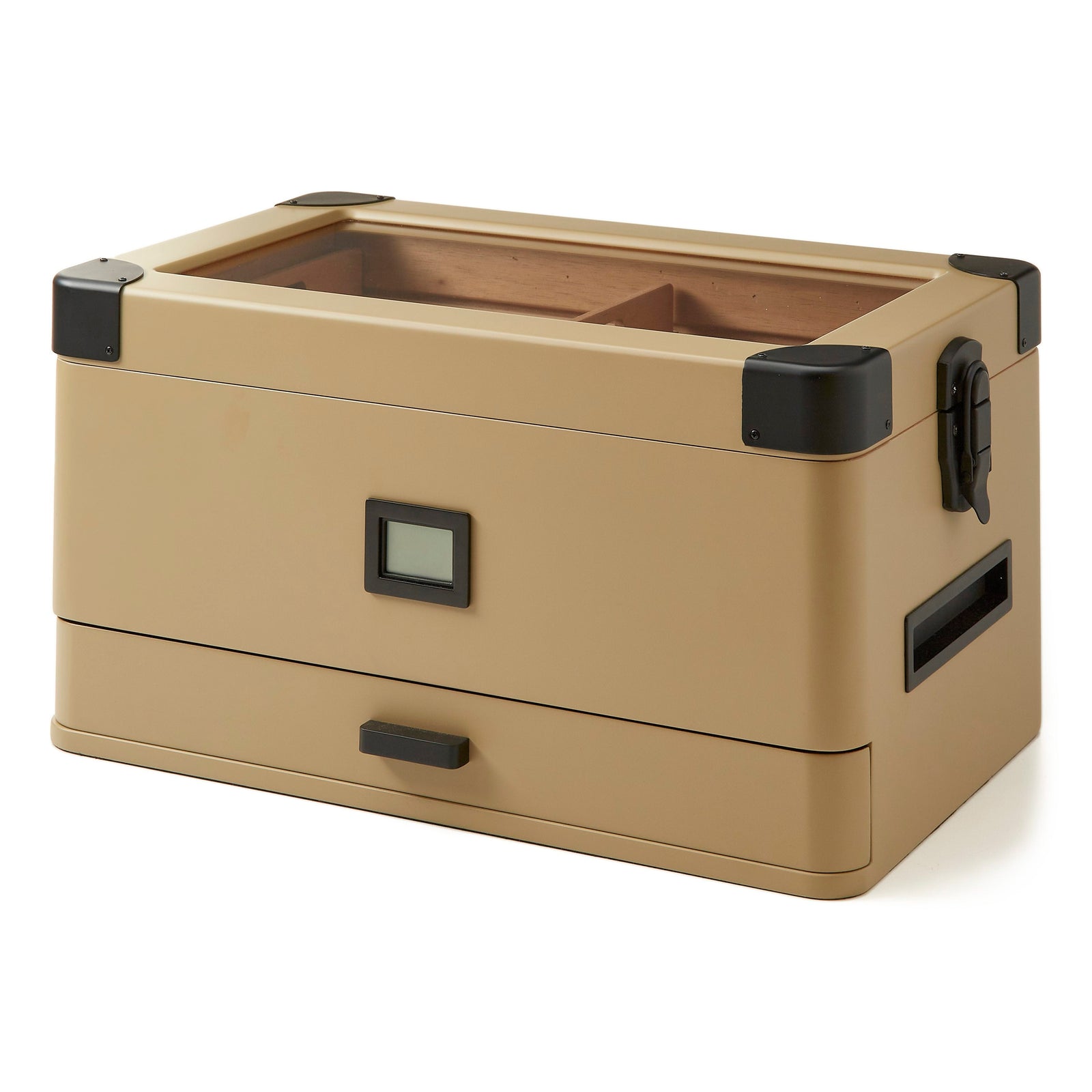 Coyote tan military cigar humidor with Spanish cedar lining, black corner guards, and storage drawer.