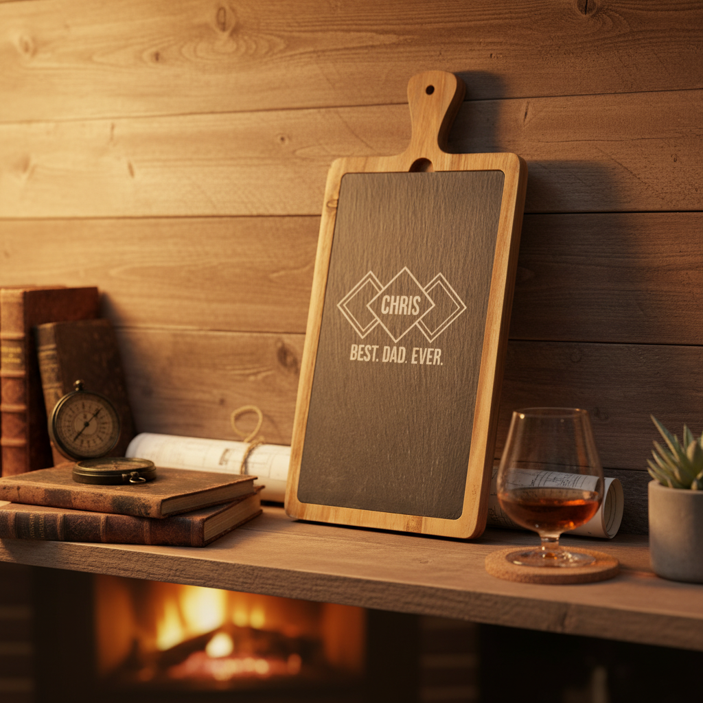 Personalized slate and acacia wood cutting board with sample engraving reading "CHRIS" and "BEST DAD EVER" surrounded by geometric diamond motif, displayed on wooden shelf with fireplace backdrop.