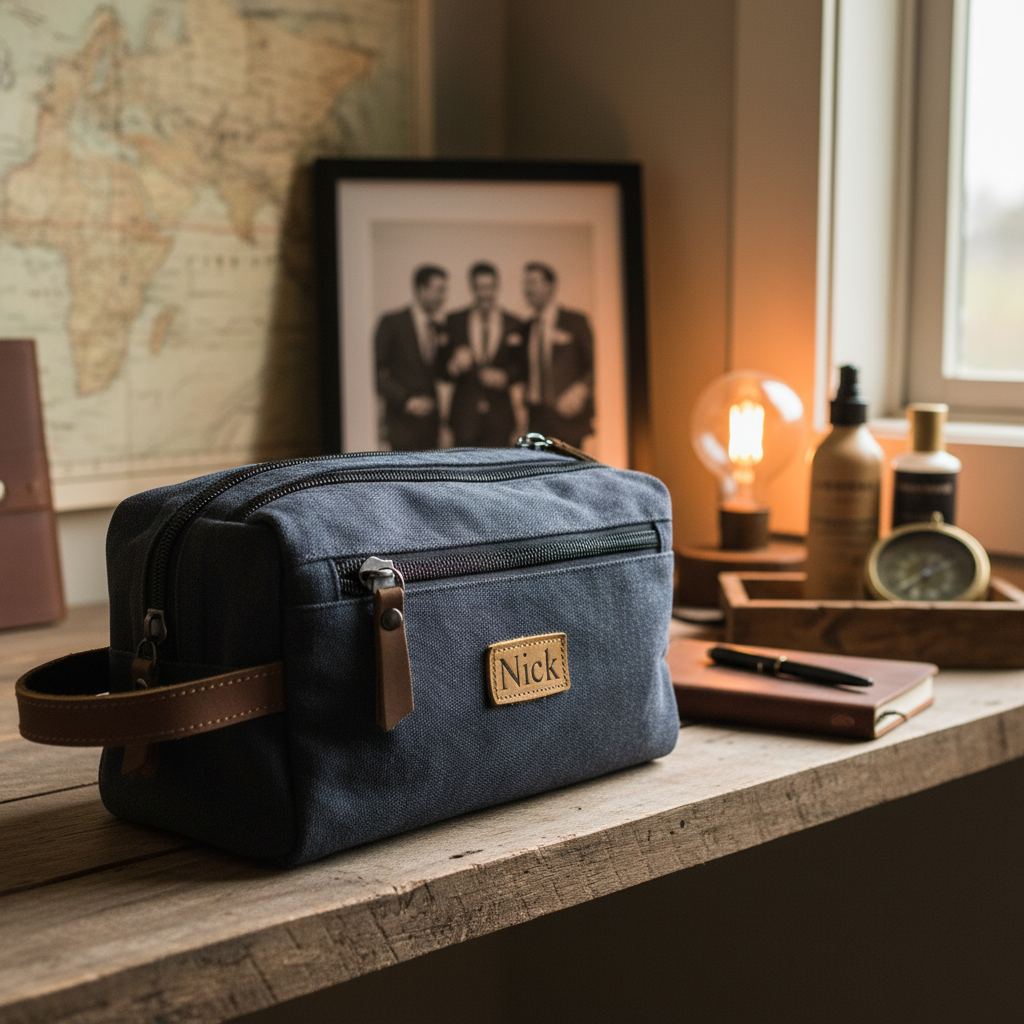 Navy canvas toiletry bag with leather strap and sample personalization "Nick" on brass nameplate, displayed on desk with grooming products