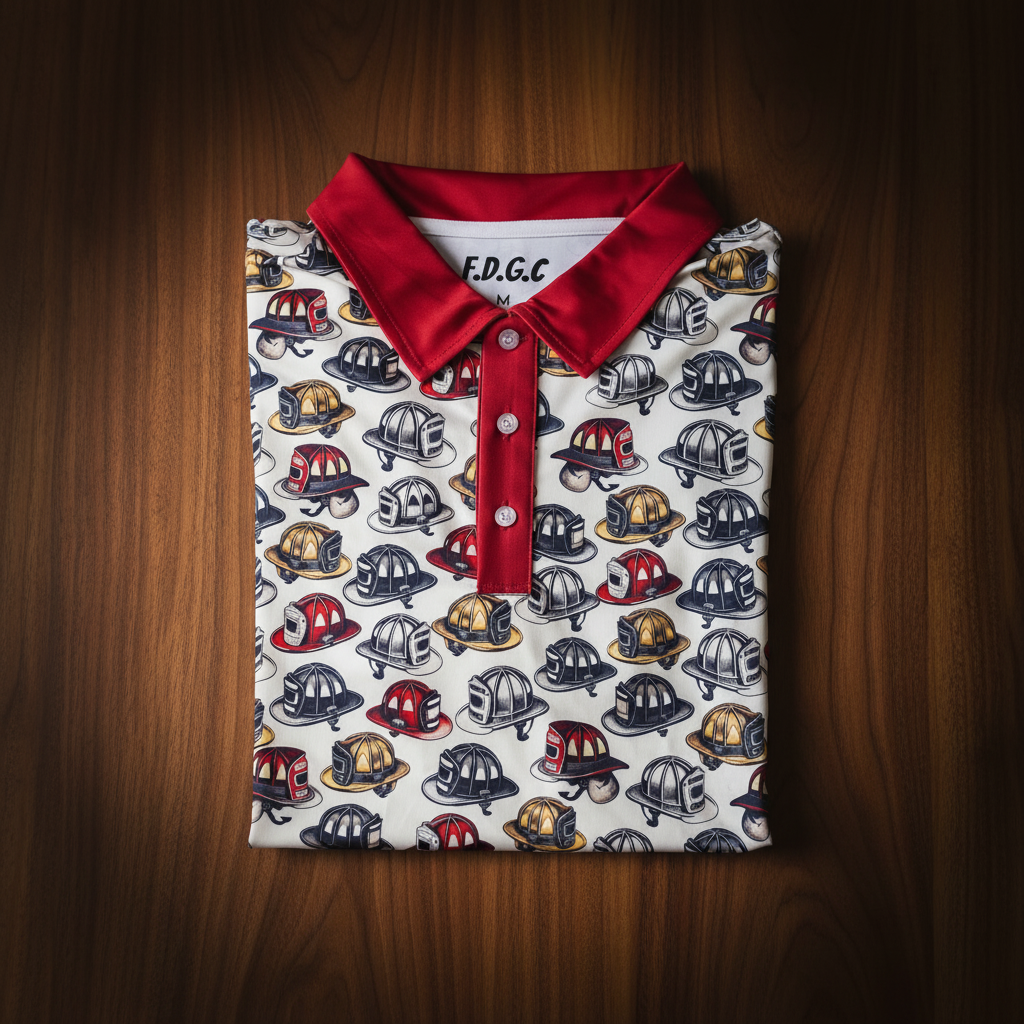 Folded firefighter-themed golf polo displaying red collar and button placket with all-over fire helmet print in red, yellow, and navy on cream background