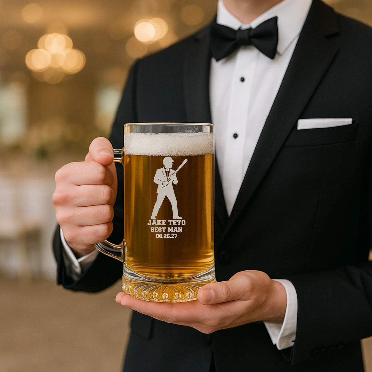 Custom Pinch Hitter Groomsmen Beer Mug with engraved name, role, wedding date, and baseball silhouette design