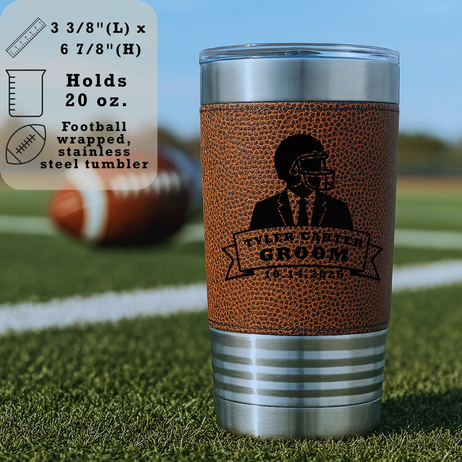 Personalized football tumbler with engraved name, groomsman role, and wedding date on faux leather wrap