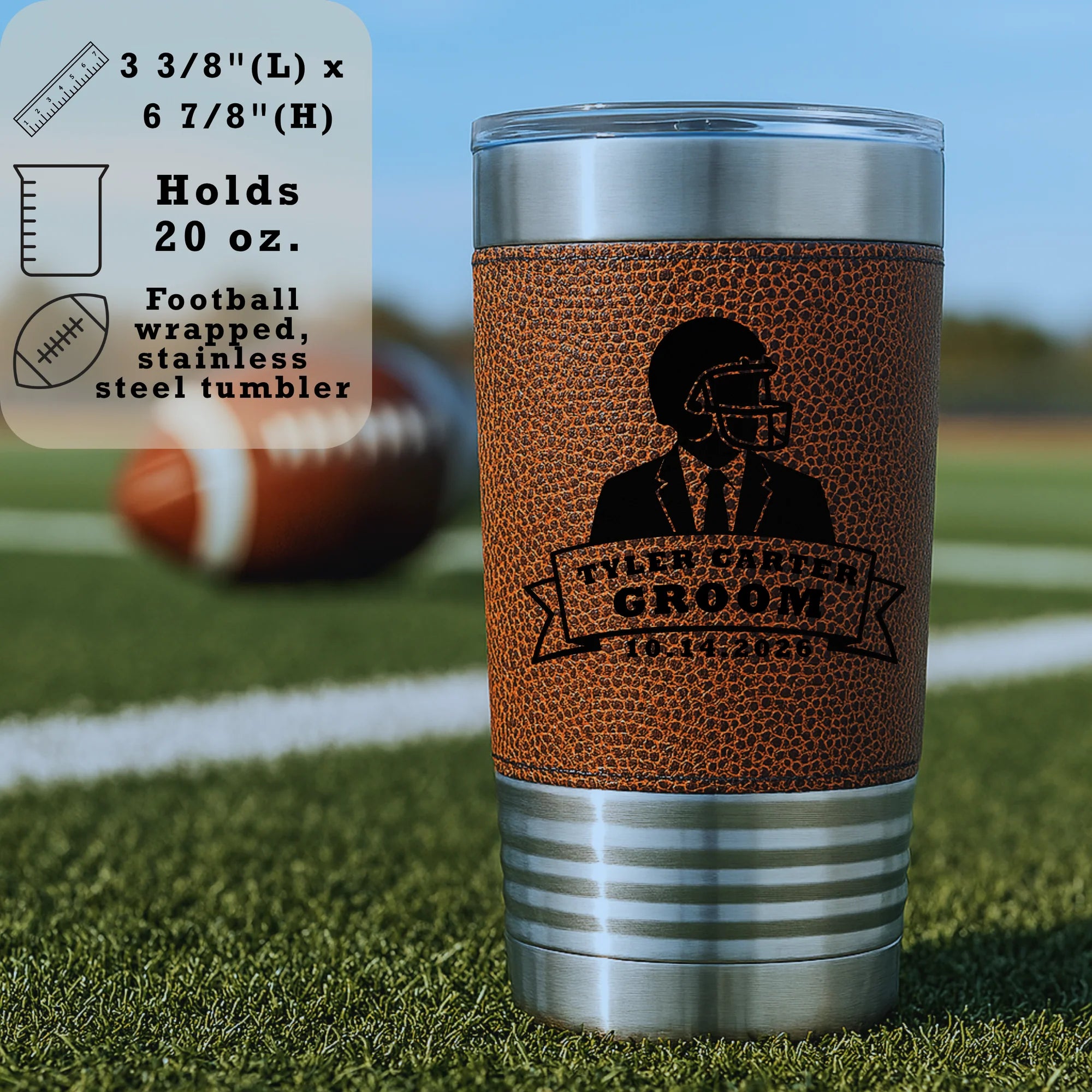 Personalized football tumbler with engraved name, groomsman role, and wedding date on faux leather wrap