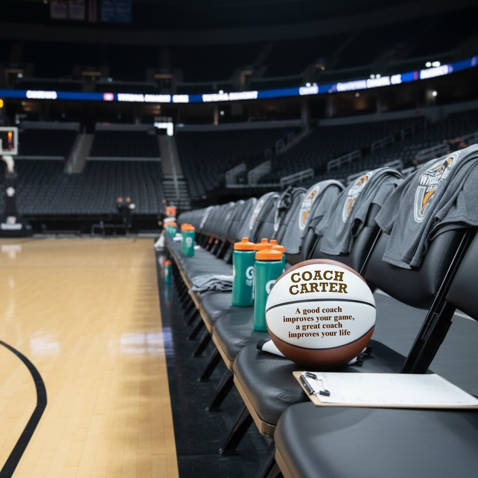 Personalized basketball with sample engraving "COACH CARTER" and motivational text, displayed on arena seat during lifestyle shoot