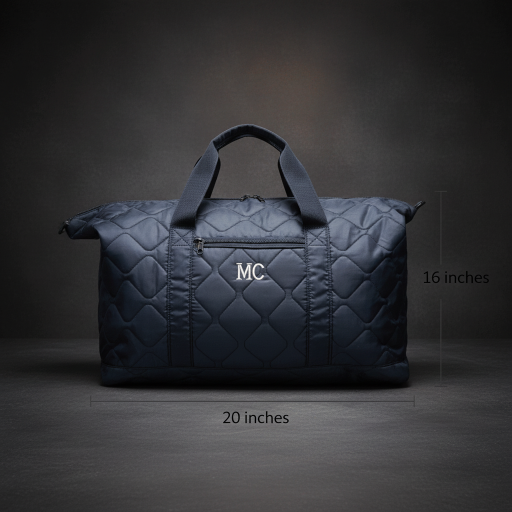 Navy quilted duffle bag with sample monogram "MC" engraved on front, dimensions marked 20 by 16 inches, dual handles and organized pocket layout visible