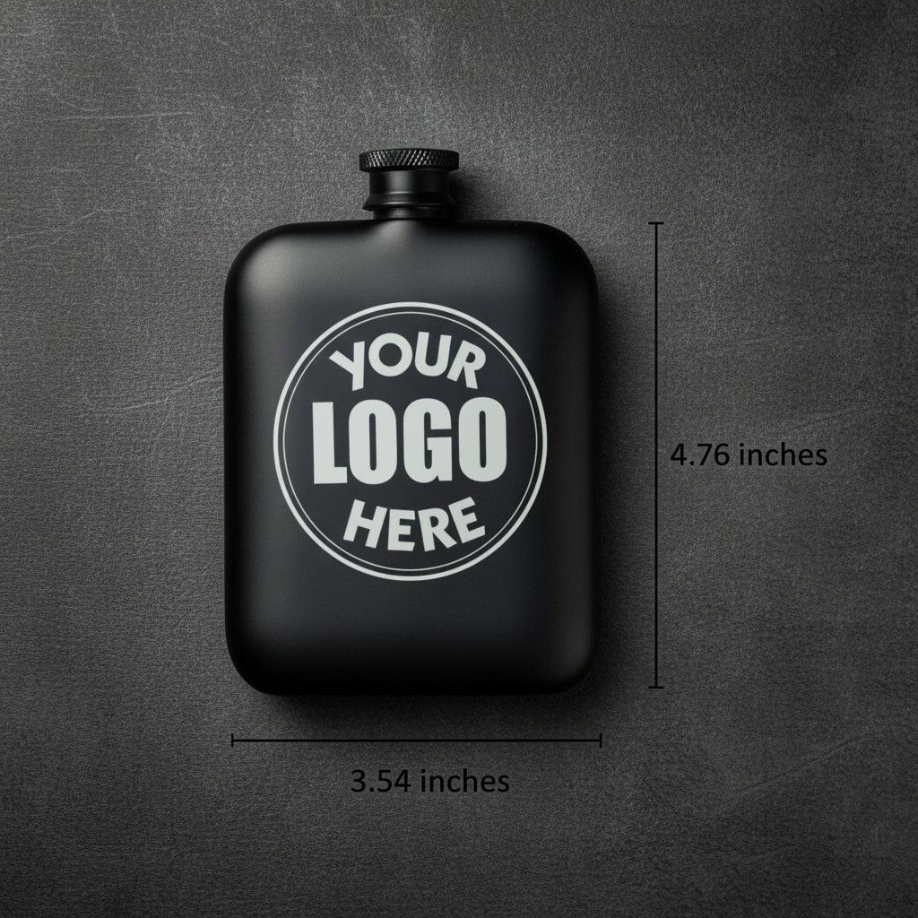 Matte black stainless steel flask with textured knurled cap, displaying sample logo placeholder in circular white frame, shown with dimensions 3.54 by 4.76 inches