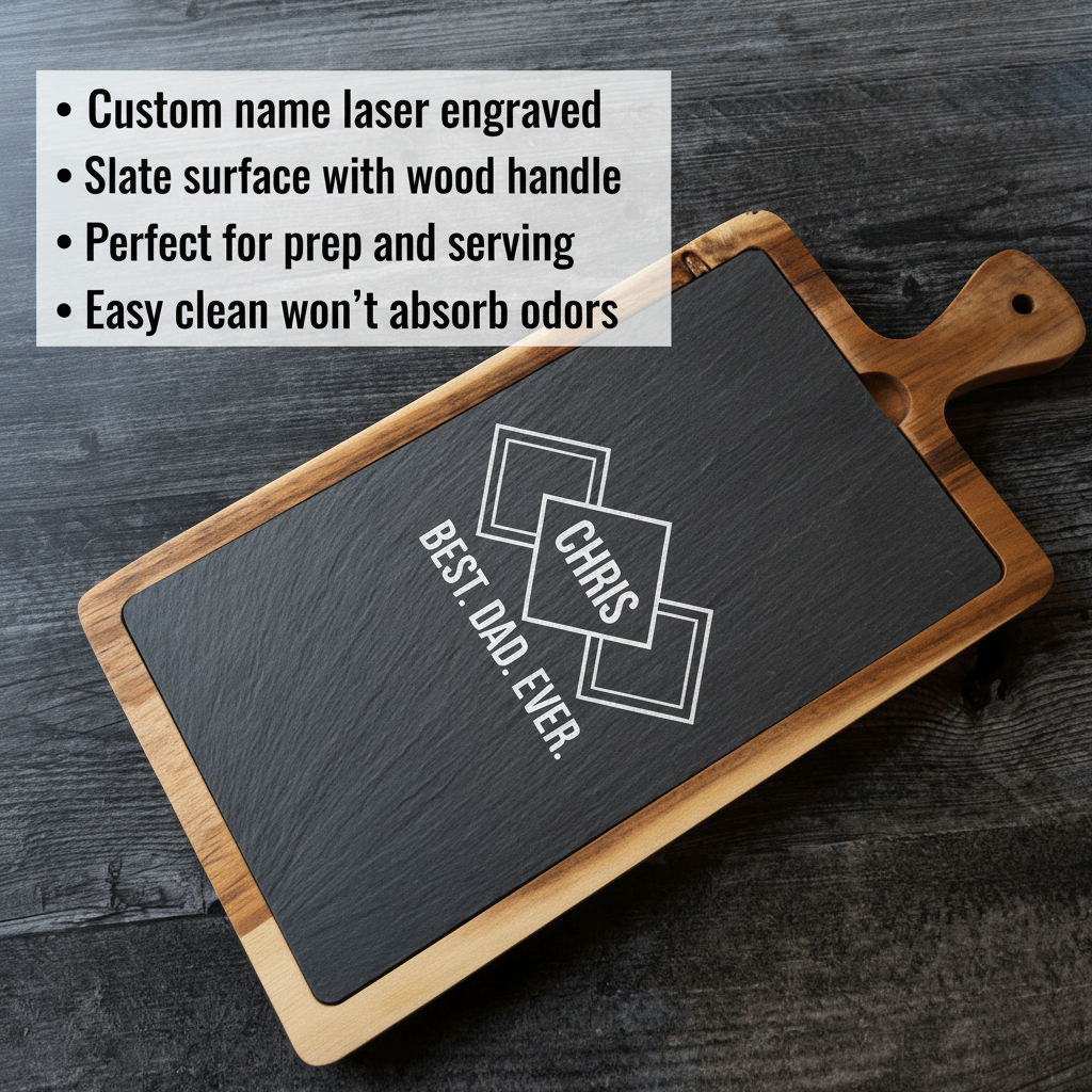 Slate cutting board with wood handle, laser-engraved with sample text "CHRIS CAPP'S BEST DAD EVER" and geometric diamond design motif