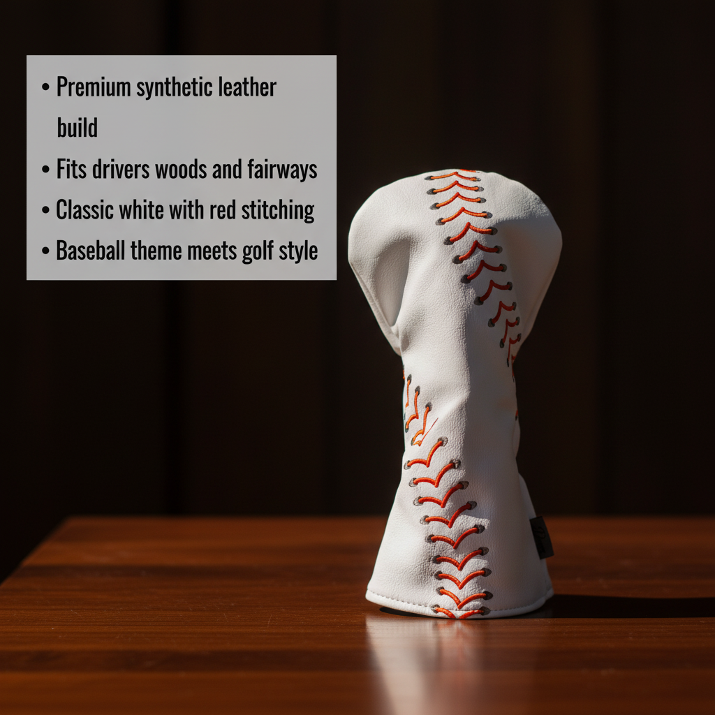 White synthetic leather golf head cover with red baseball stitching detail, displayed on wooden surface with product specifications