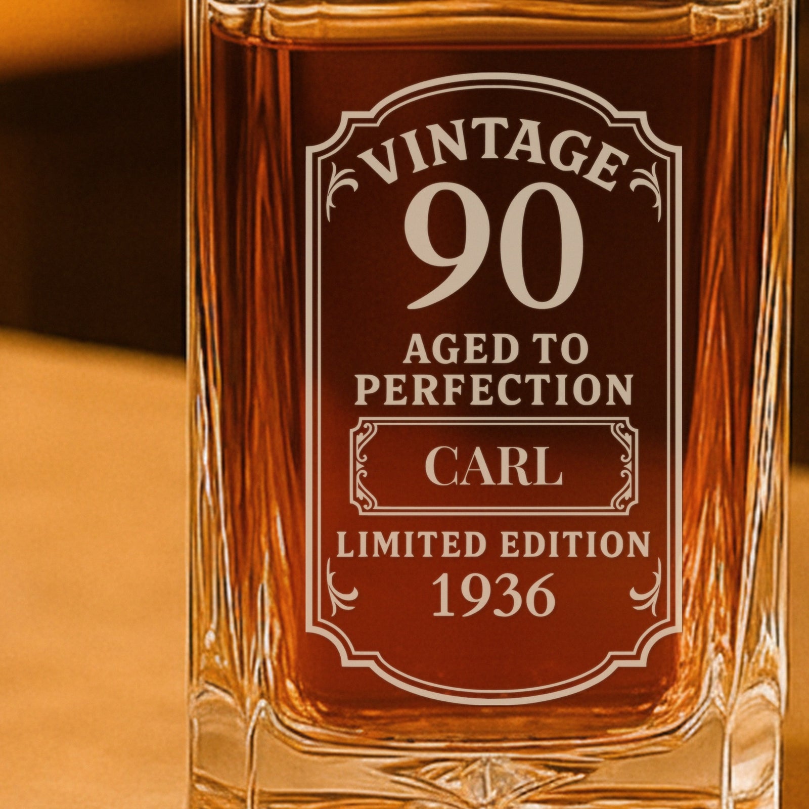 Close-up of the Vintage 90 Aged to Perfection label engraved with the name CARL and 1936, a personalized 90th birthday gift for men