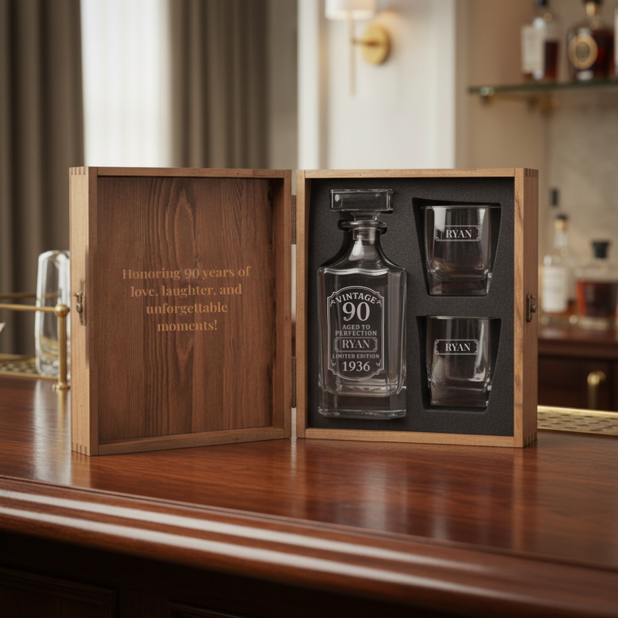 Personalized 90th birthday whiskey decanter set open in its pine gift box, engraved decanter and two rocks glasses with a secret message inside the lid