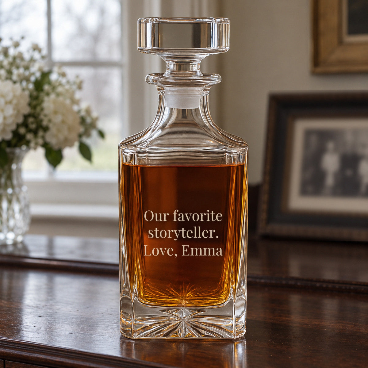 Back of the engraved 90th birthday decanter with the message Our favorite storyteller, Love, Emma, a 90th birthday gift for grandpa from the grandkids
