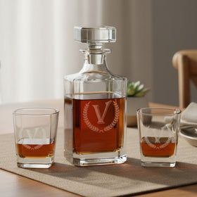  Personalized whiskey decanter set with engraved initial and matching rocks glasses