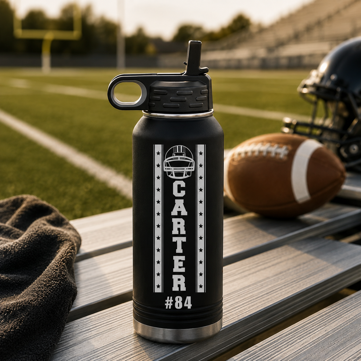 Black insulated water bottle with engraved football helmet design, "CARTER" text, and example number "#84" displayed on football field with helmet and football nearby.