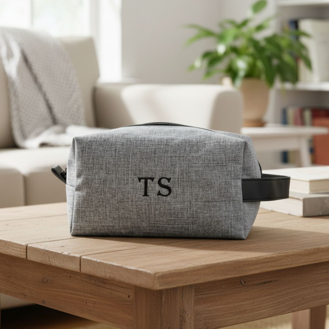 Gray poly-canvas dopp kit with black handles displayed on wooden table, monogrammed with sample initials "TS