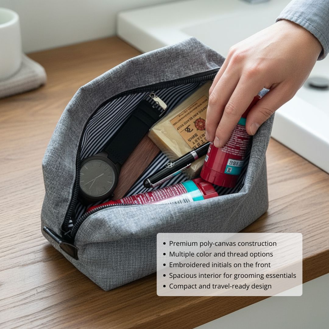 Gray poly-canvas dopp kit opened to display interior compartments holding grooming products, watch, and toiletries, with hand reaching inside