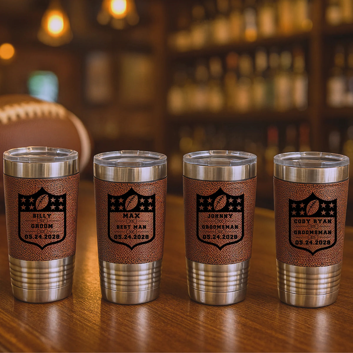 Football-themed stainless steel tumbler with personalized name, role, and wedding date engraving