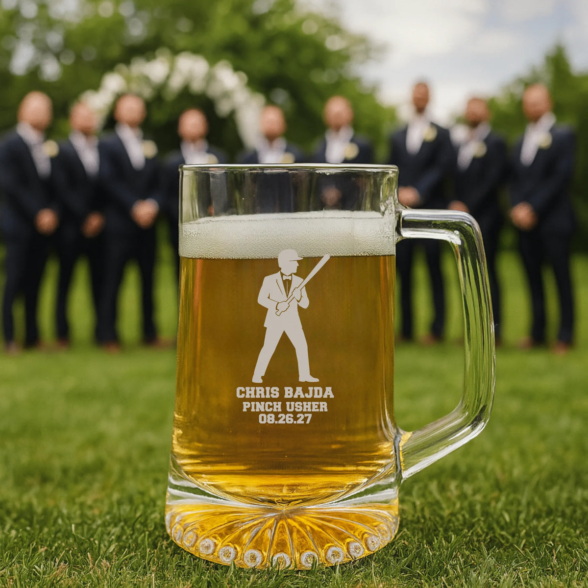 Custom Pinch Hitter Groomsmen Beer Mug with engraved name, role, wedding date, and baseball silhouette design