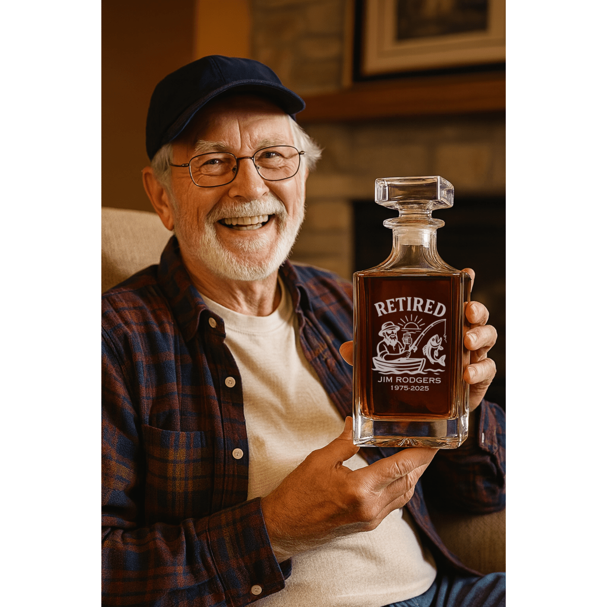 Unique Personalized Gone Fishin’ Whiskey Decanter Customized Retirement Gifts for Men by Groovy Guy
