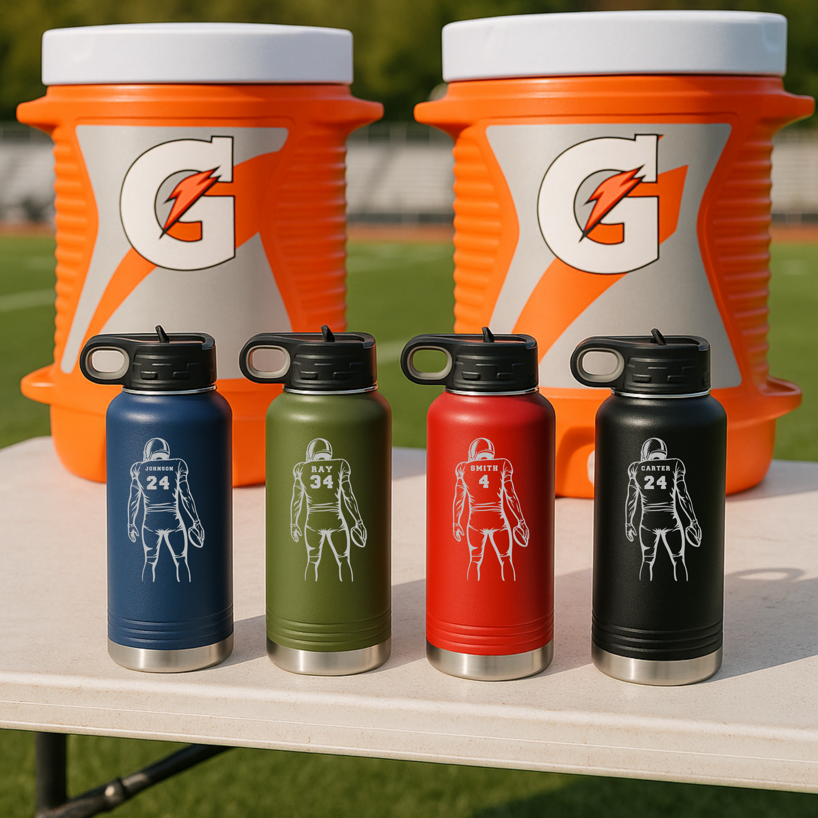 Custom football water bottle with engraved player silhouette, name, and number.