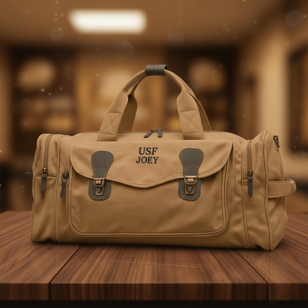 Khaki personalized graduation duffle bag embroidered USF JOEY, displayed on a wood table in a warm indoor setting.