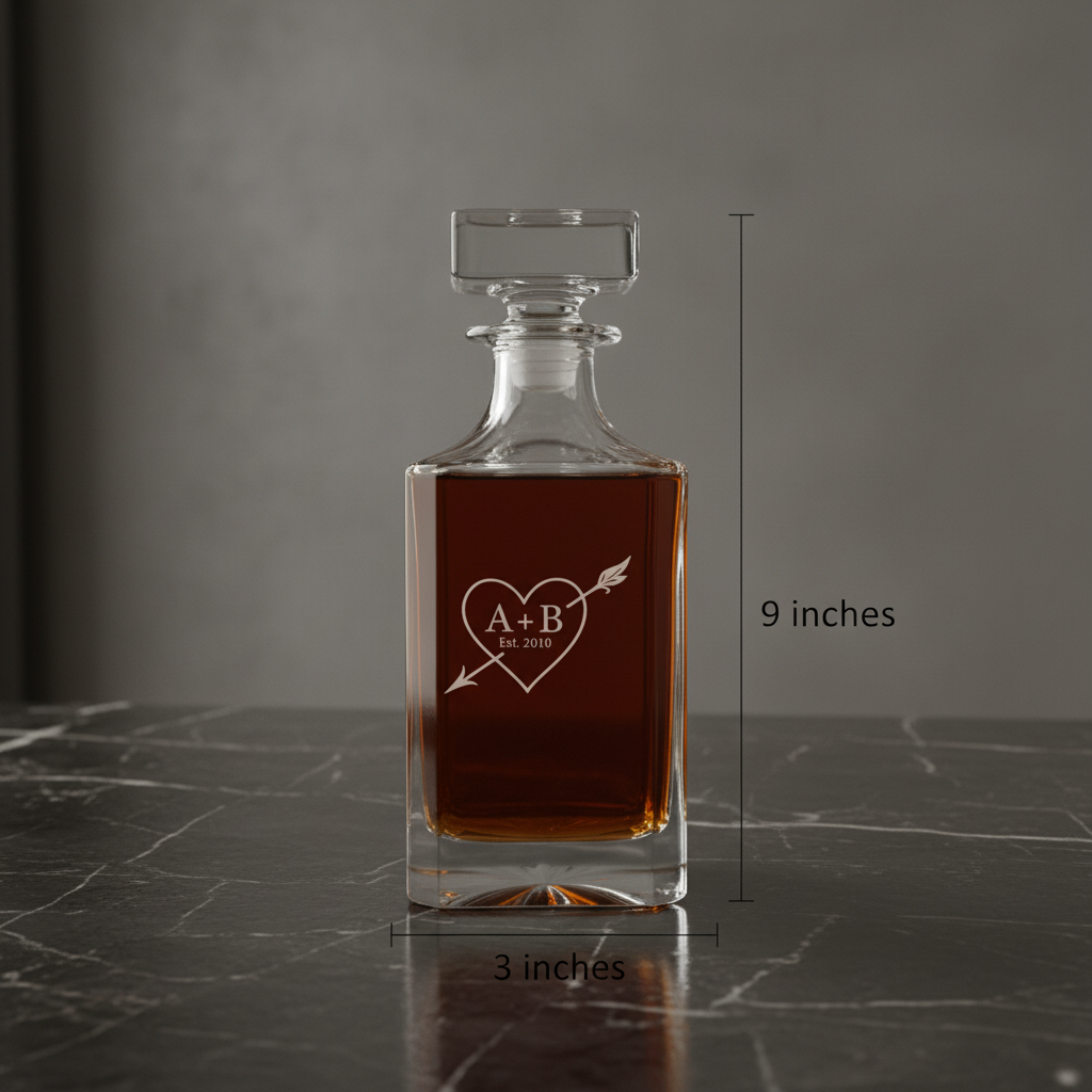 Crystal decanter with sample engraving showing heart and arrow design with initials "A+B" and "Est. 2010", 9 inches tall, filled with amber liquid
