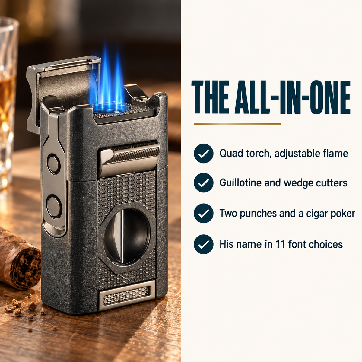 Black cigar lighter with quad torch flame, guillotine cutter, punches, and cigar poker, with personalization space for engraved name.