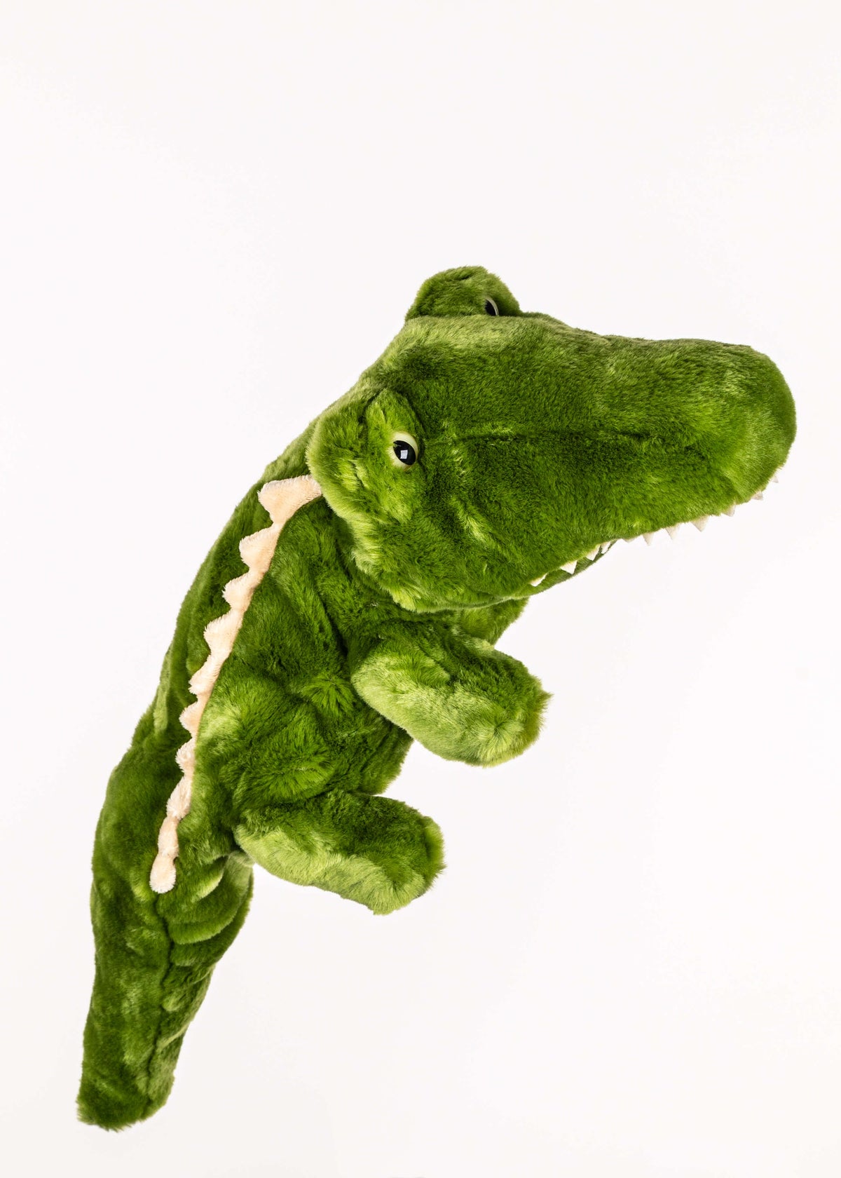Green plush alligator driver headcover with sculpted jaws and teeth, fits golf drivers up to 460cc, photographed on a white background