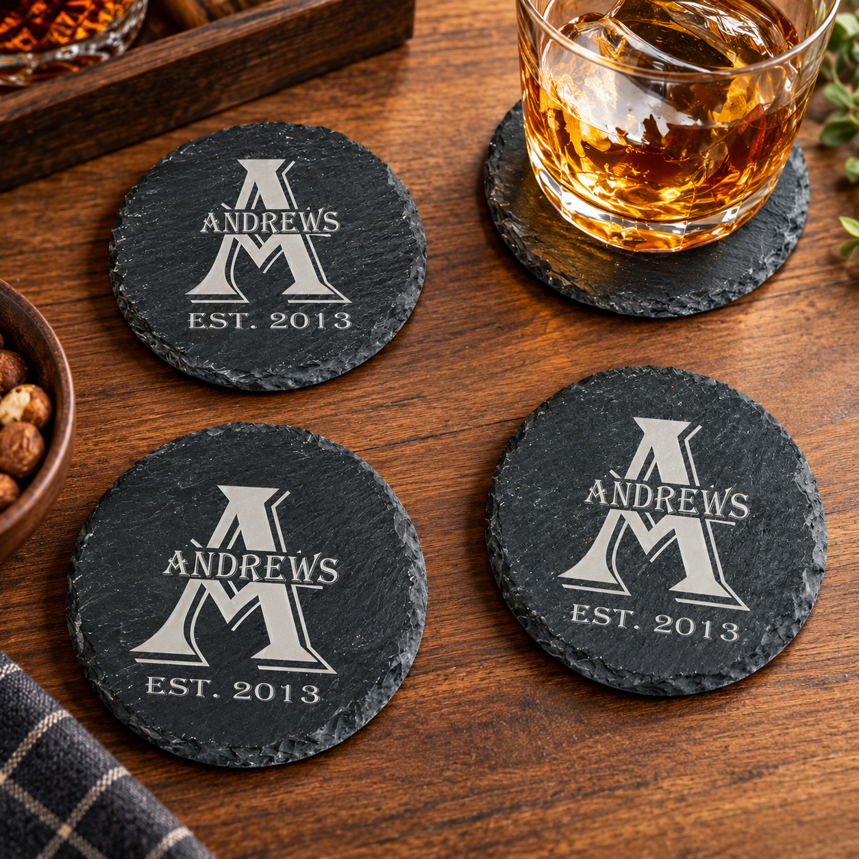Personalized Last name slate coaster set custom coasters for men