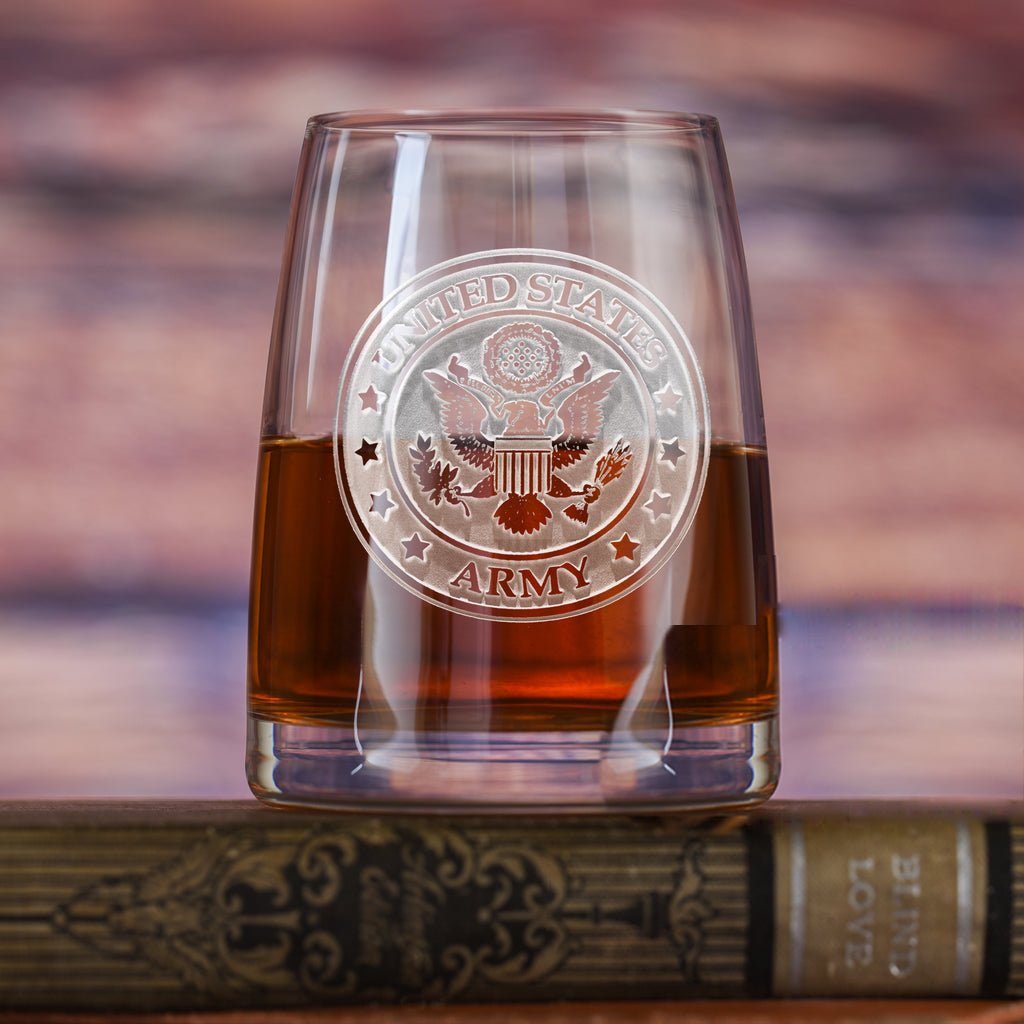 Trooper Stolzle Army personalized whiskey glass with sand-carved Army emblem
