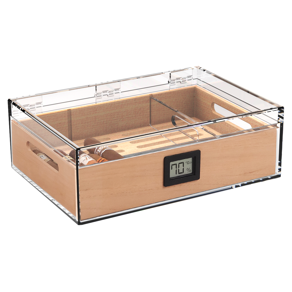 Clear acrylic cigar humidor with Spanish cedar tray and digital hygrometer.
