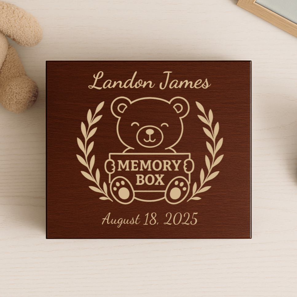 Adorable baby boy keepsake box with engraved teddy bear holding a sign that says "Memory Box", personalized with full name and birthdate.